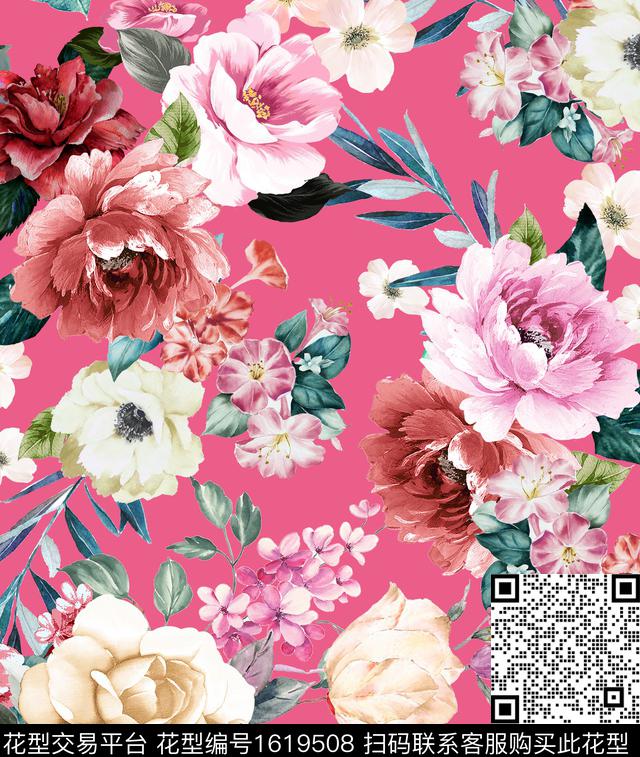 花卉玫红底清爽底花卉数码印花华亿平台下载（图片编号: 1619508） - 瓦栏（Walan）