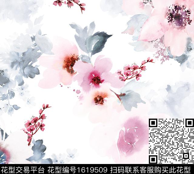 花卉水彩花卉素雅数码印花华亿平台下载（图片编号: 1619509） - 瓦栏（Walan）