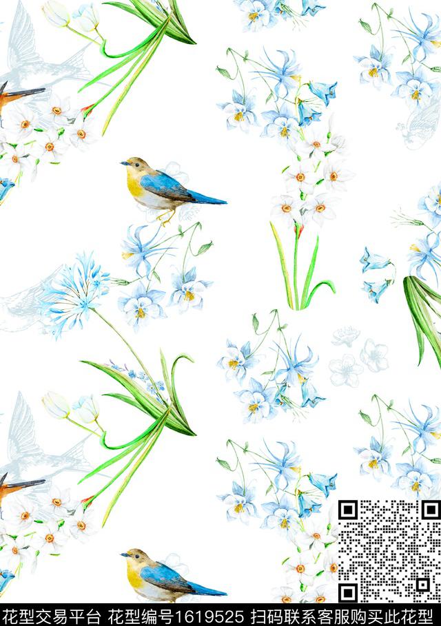 鸟花卉水彩花卉数码印花华亿平台下载（图片编号: 1619525） - 瓦栏（Walan）