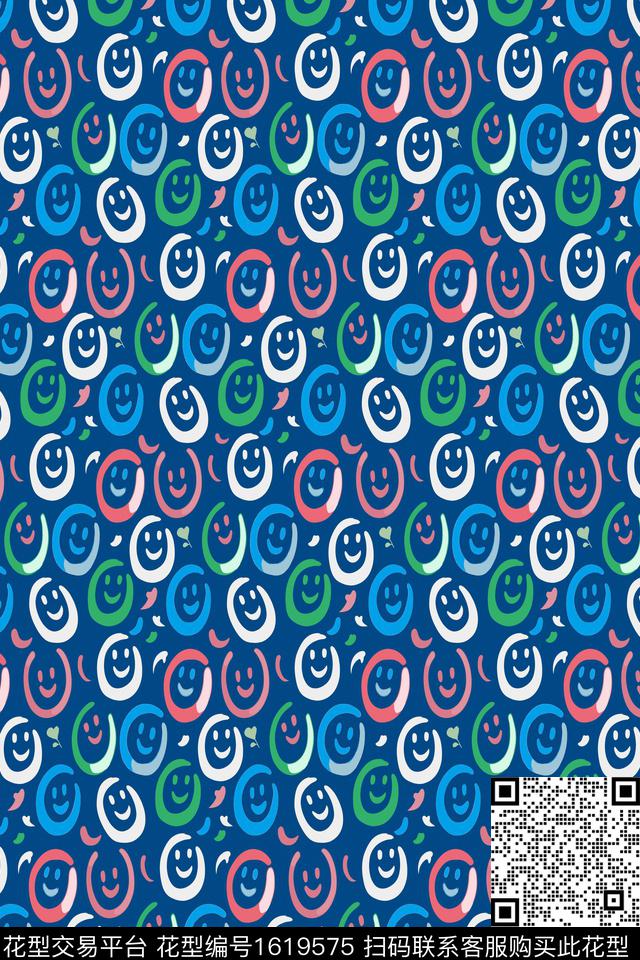 趣味笑脸蓝色数码印花华亿平台下载（图片编号: 1619575） - 瓦栏（Walan）