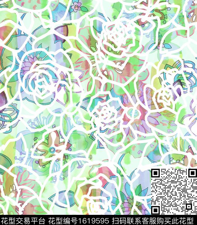晕染肌理抽象几何花卉数码印花华亿平台下载（图片编号: 1619595） - 瓦栏（Walan）