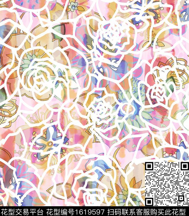 花卉线条花卉渐变数码印花华亿平台下载（图片编号: 1619597） - 瓦栏（Walan）