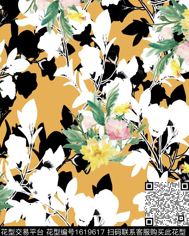 剪影水彩花卉花卉数码印花华亿平台下载（图片编号: 1619617） - 瓦栏（Walan）