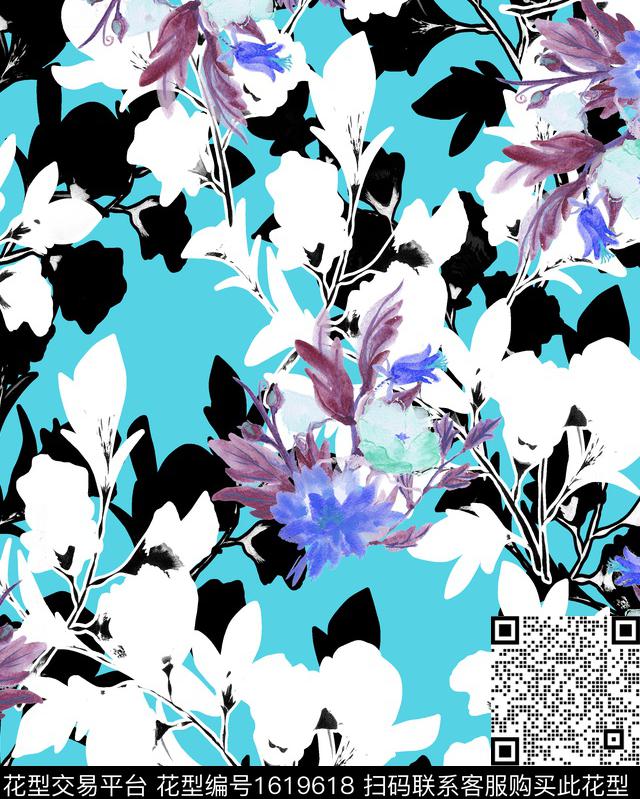 小清新水彩花卉几何花卉数码印花华亿平台下载（图片编号: 1619618） - 瓦栏（Walan）