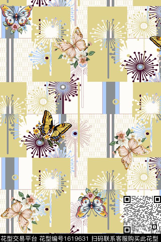 花卉蝴蝶混合拼接数码印花华亿平台下载（图片编号: 1619631） - 瓦栏（Walan）