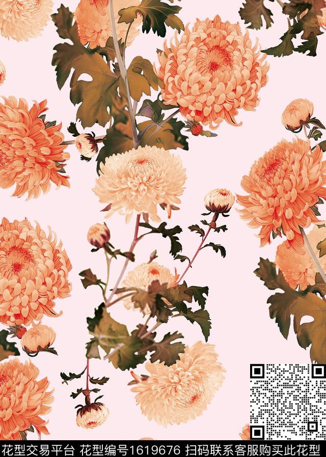 花卉菊花清爽底花卉数码印花华亿平台下载（图片编号: 1619676） - 瓦栏（Walan）