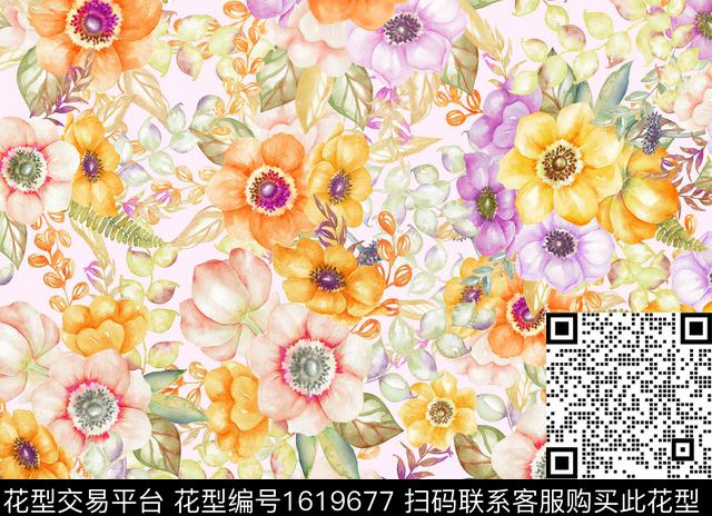 花卉水彩花卉满版散花数码印花华亿平台下载（图片编号: 1619677） - 瓦栏（Walan）