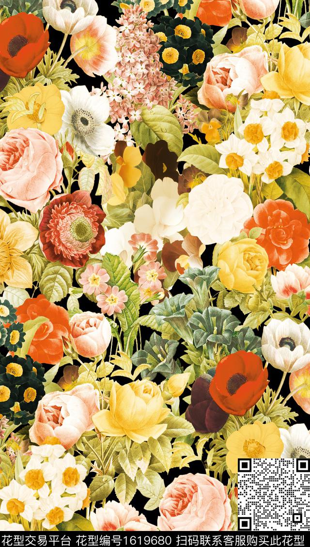 花卉黑底花卉满版散花数码印花华亿平台下载（图片编号: 1619680） - 瓦栏（Walan）