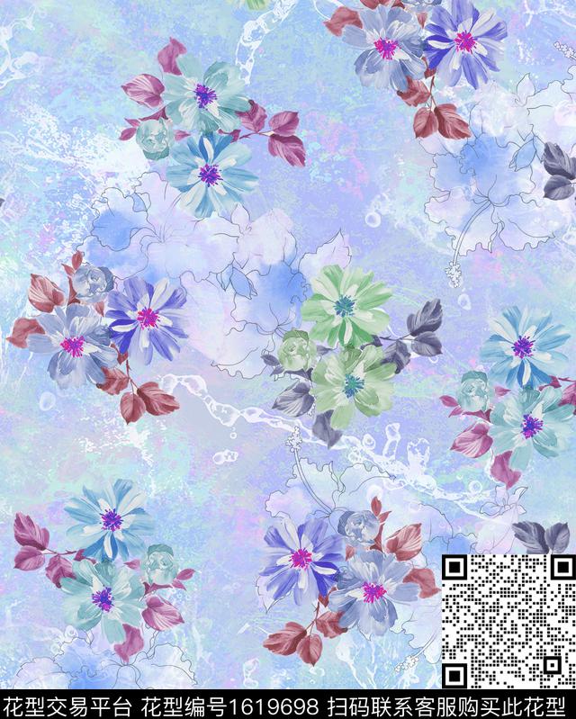 晕染肌理小碎花水彩花卉数码印花华亿平台下载（图片编号: 1619698） - 瓦栏（Walan）