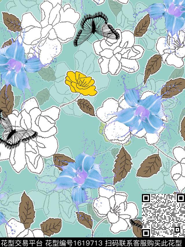 蝴蝶水彩花卉线条花卉数码印花华亿平台下载（图片编号: 1619713） - 瓦栏（Walan）
