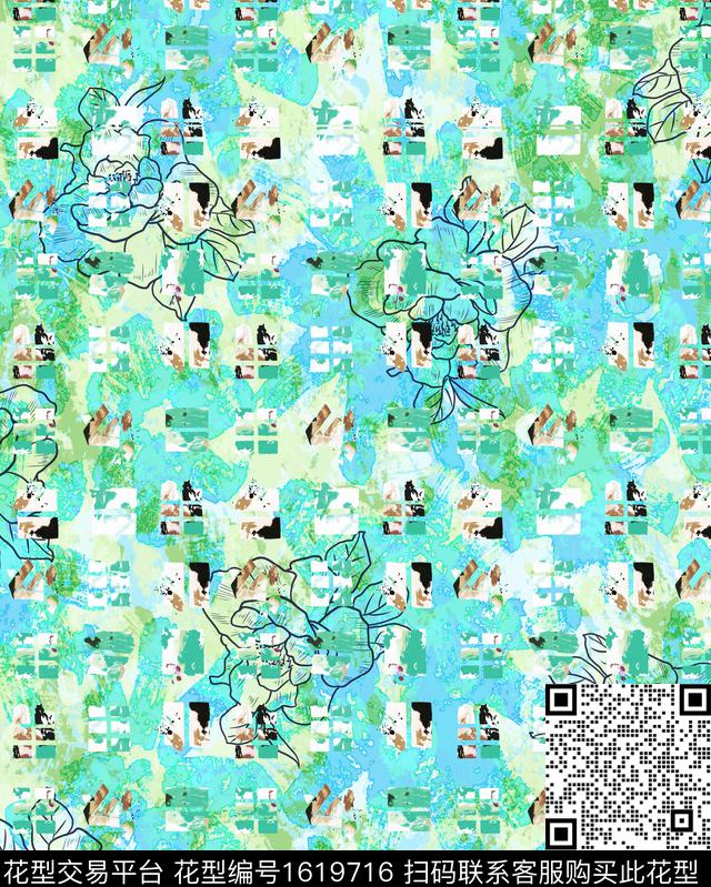晕染肌理抽象线条花卉数码印花华亿平台下载（图片编号: 1619716） - 瓦栏（Walan）