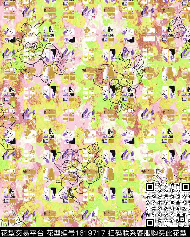 抽象线条花卉数码印花华亿平台下载（图片编号: 1619717） - 瓦栏（Walan）