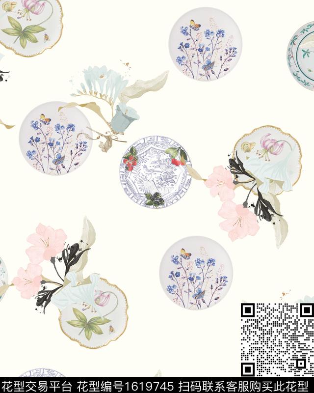 中国风花卉盘子数码印花华亿平台下载（图片编号: 1619745） - 瓦栏（Walan）