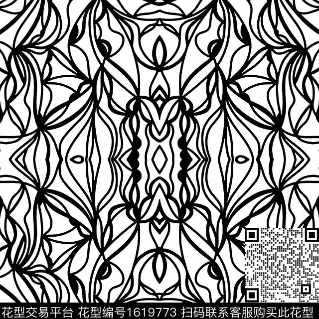 线条对称花黑白条纹传统印花华亿平台下载（图片编号: 1619773） - 瓦栏（Walan）