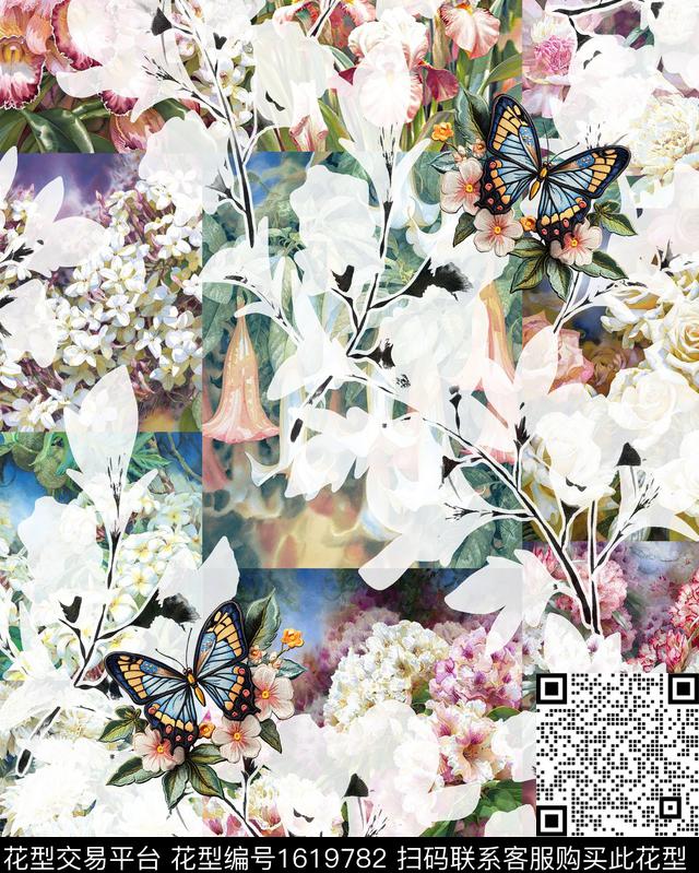 花卉剪影蝴蝶数码印花华亿平台下载（图片编号: 1619782） - 瓦栏（Walan）
