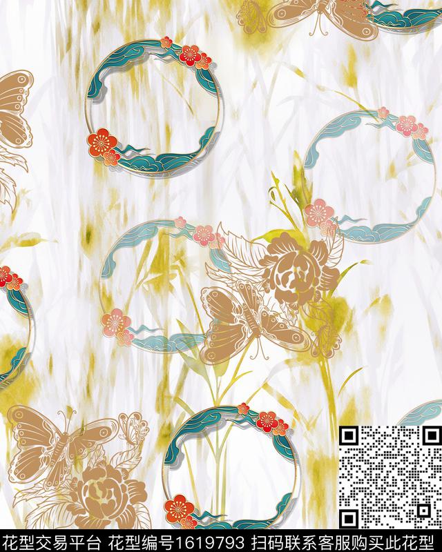 剪影花卉蝴蝶数码印花华亿平台下载（图片编号: 1619793） - 瓦栏（Walan）