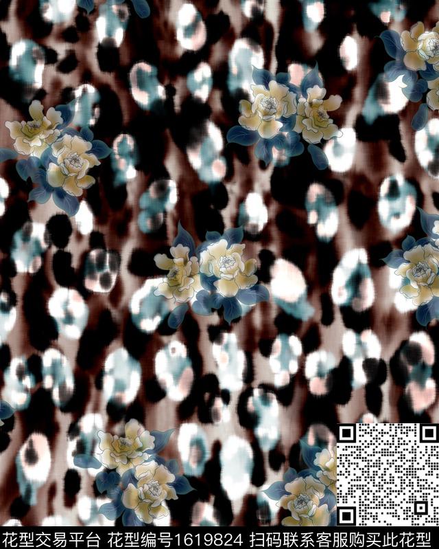 豹纹晕染肌理水彩花卉数码印花华亿平台下载（图片编号: 1619824） - 瓦栏（Walan）