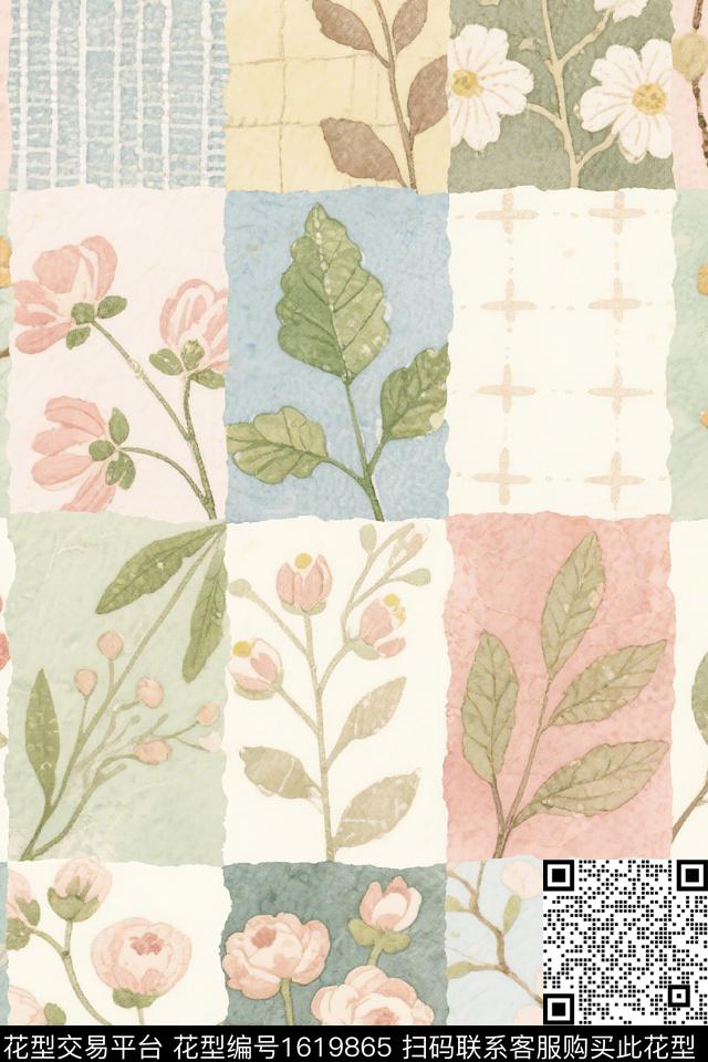花卉混合拼接绿植树叶数码印花华亿平台下载（图片编号: 1619865） - 瓦栏（Walan）