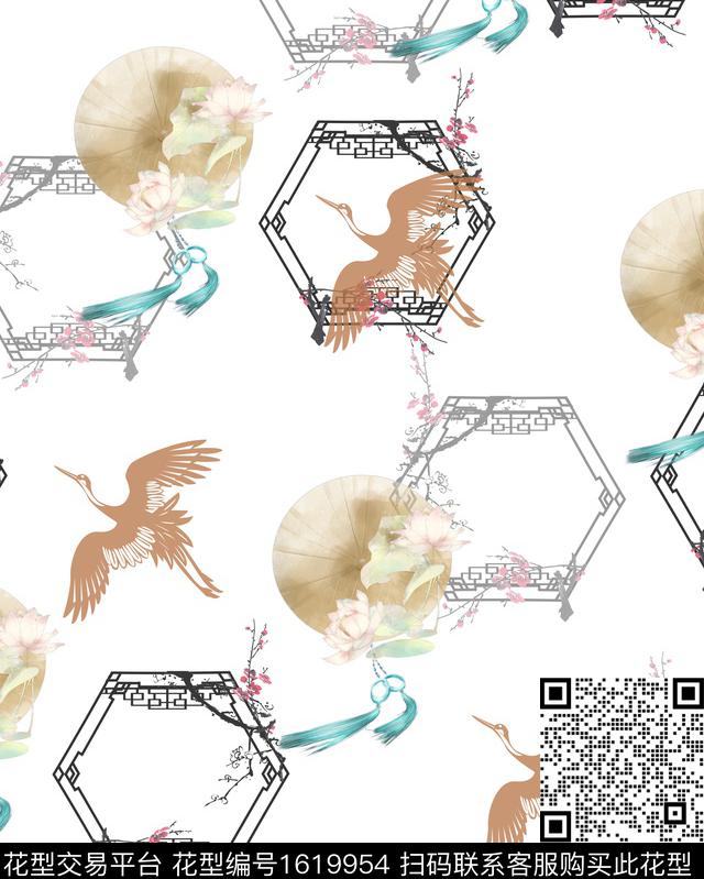 梅花古典花纹仙鹤数码印花华亿平台下载（图片编号: 1619954） - 瓦栏（Walan）