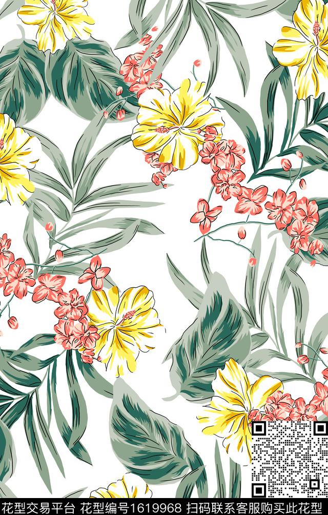 花卉清爽底花卉叶子传统印花华亿平台下载（图片编号: 1619968） - 瓦栏（Walan）