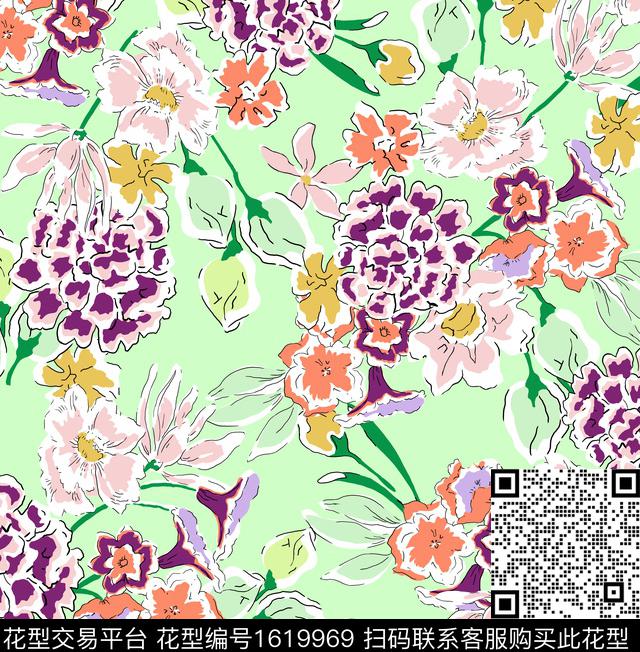 花卉清爽底花卉春夏华亿平台传统印花华亿平台下载（图片编号: 1619969） - 瓦栏（Walan）