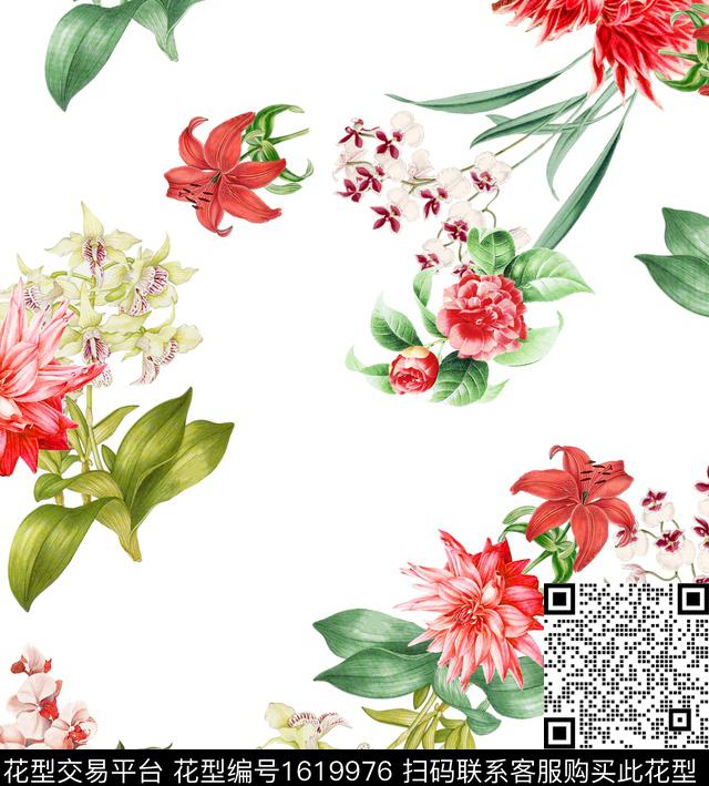 花卉清爽底花卉绿植树叶数码印花华亿平台下载（图片编号: 1619976） - 瓦栏（Walan）