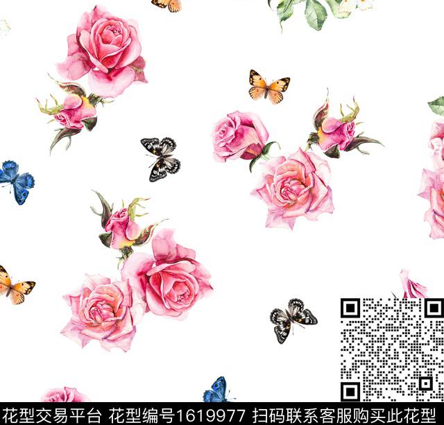 花卉蝴蝶清爽底花卉数码印花华亿平台下载（图片编号: 1619977） - 瓦栏（Walan）