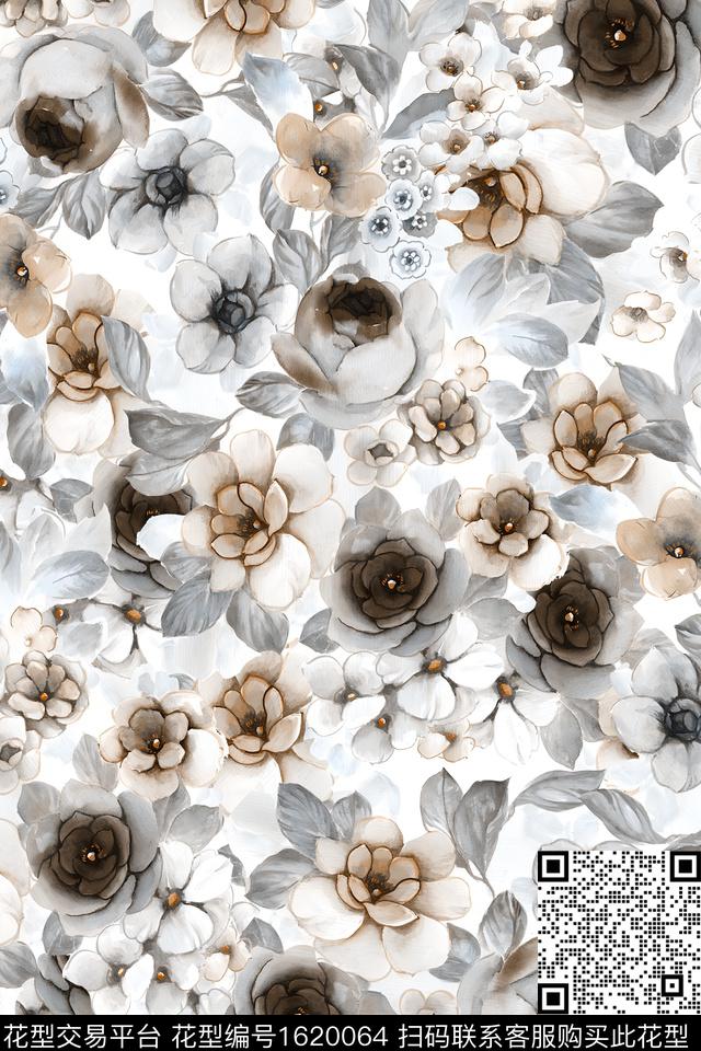 花卉水彩花卉满版散花数码印花华亿平台下载（图片编号: 1620064） - 瓦栏（Walan）