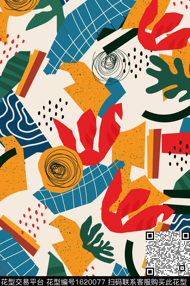 趣味混合拼接波点数码印花华亿平台下载（图片编号: 1620077） - 瓦栏（Walan）