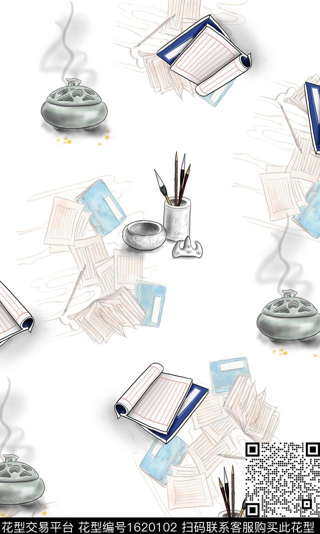 书籍香炉笔墨数码印花华亿平台下载（图片编号: 1620102） - 瓦栏（Walan）