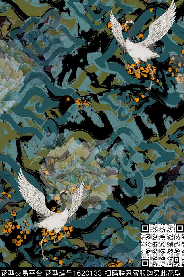 中国风仙鹤花卉数码印花华亿平台下载（图片编号: 1620133） - 瓦栏（Walan）