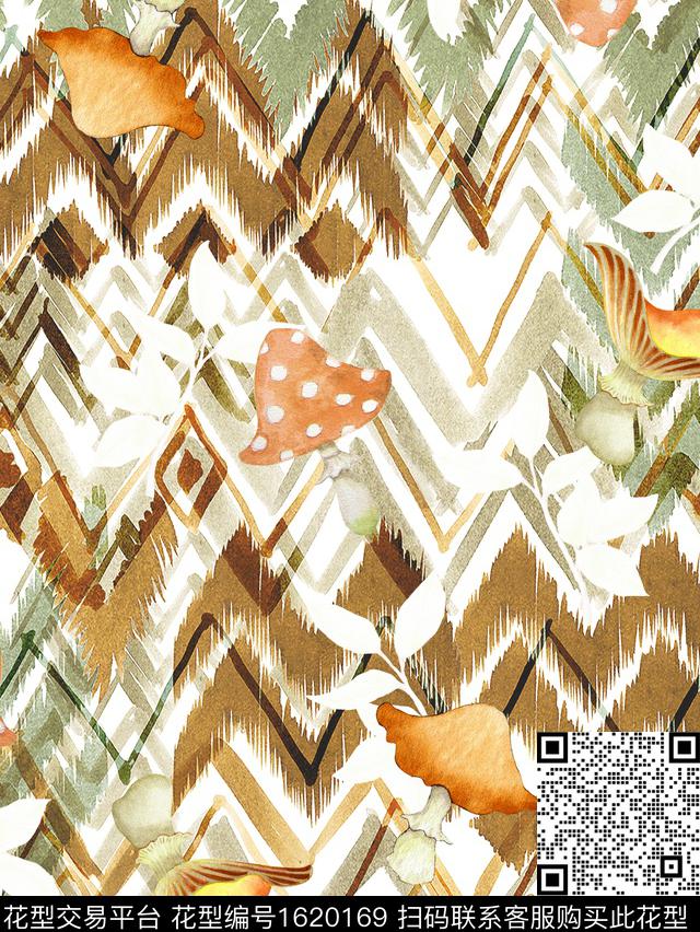 条纹水彩蘑菇数码印花华亿平台下载（图片编号: 1620169） - 瓦栏（Walan）