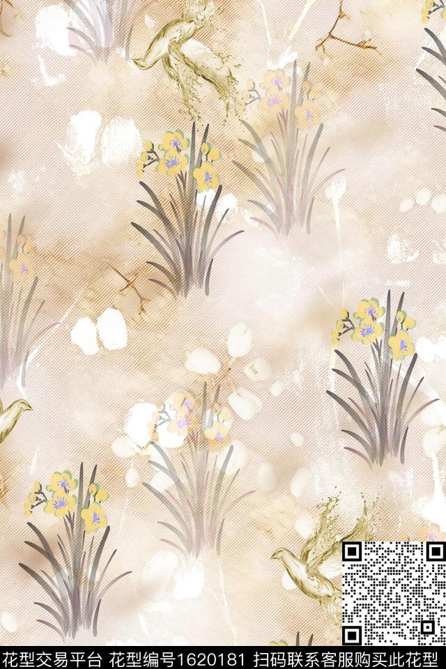 花卉水彩鸟数码印花华亿平台下载（图片编号: 1620181） - 瓦栏（Walan）