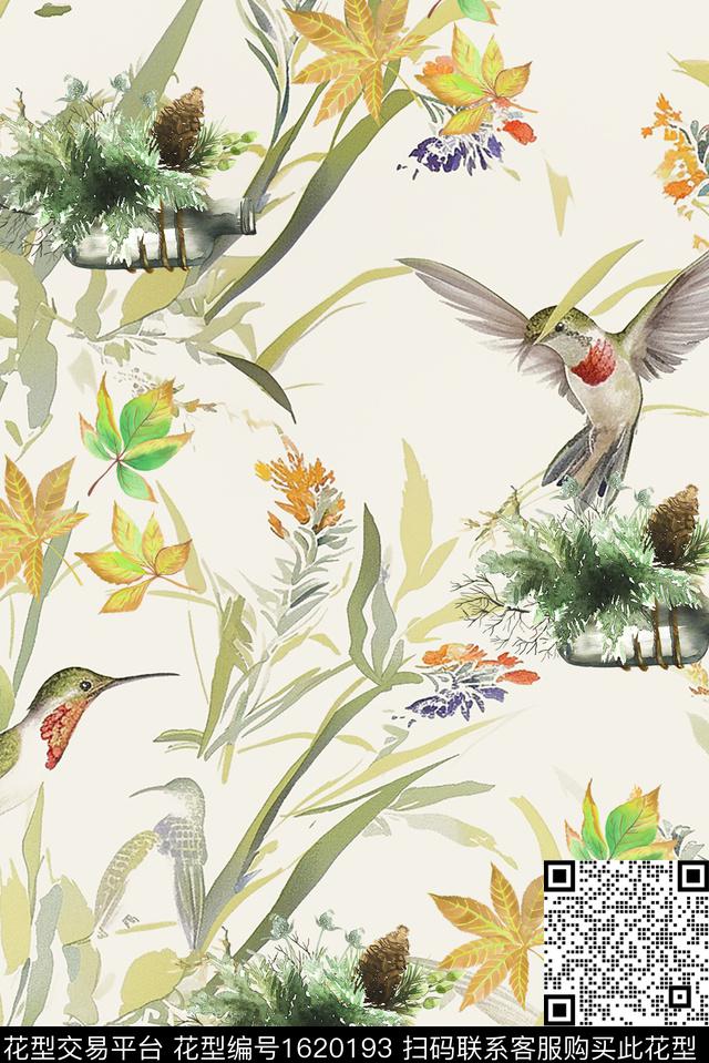 水彩鸟漂流瓶数码印花华亿平台下载（图片编号: 1620193） - 瓦栏（Walan）