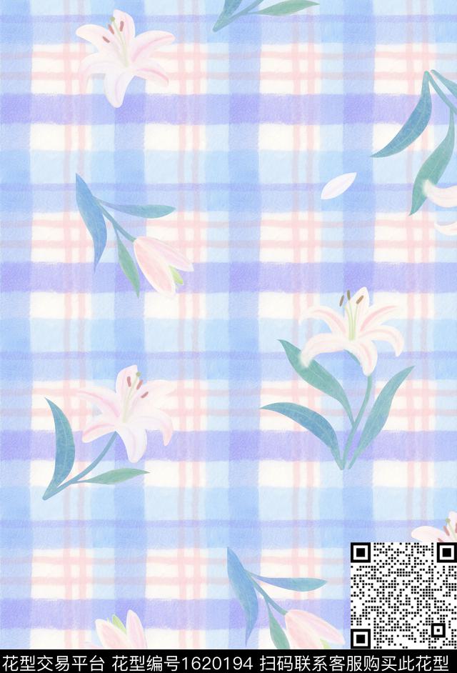 格子百合水彩花卉数码印花华亿平台下载（图片编号: 1620194） - 瓦栏（Walan）