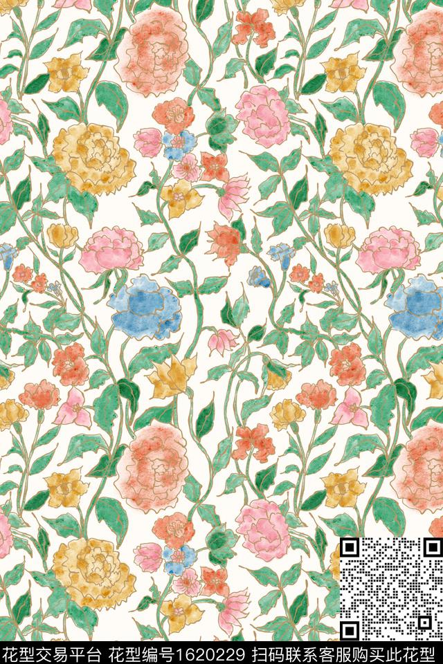 小清新花卉水彩数码印花华亿平台下载（图片编号: 1620229） - 瓦栏（Walan）
