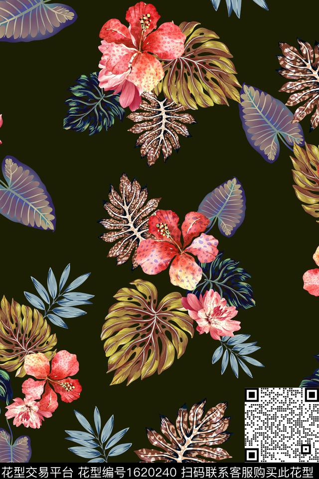 花卉热带华亿平台棕榈树数码印花华亿平台下载（图片编号: 1620240） - 瓦栏（Walan）