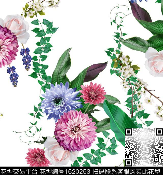 花卉清爽底花卉绿植树叶数码印花华亿平台下载（图片编号: 1620253） - 瓦栏（Walan）