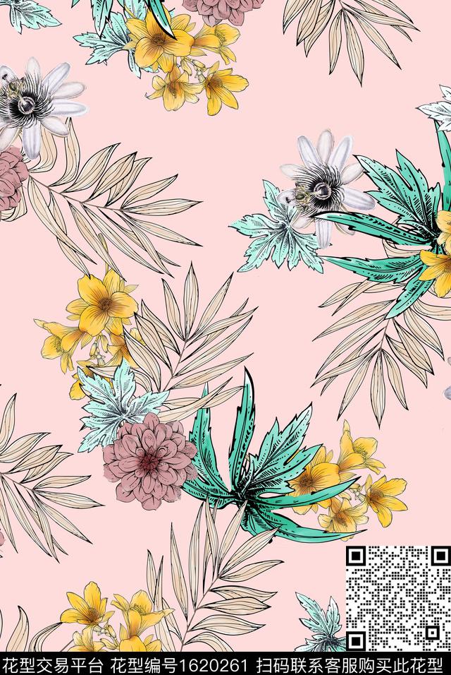 花卉清爽底花卉绿植树叶数码印花华亿平台下载（图片编号: 1620261） - 瓦栏（Walan）