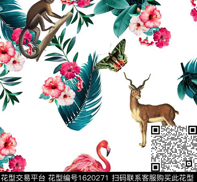 猴子火烈鸟热带华亿平台数码印花华亿平台下载（图片编号: 1620271） - 瓦栏（Walan）