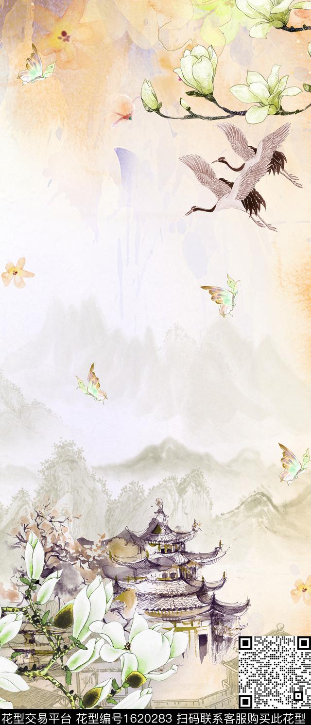 晕染肌理仙鹤水墨风数码印花华亿平台下载（图片编号: 1620283） - 瓦栏（Walan）