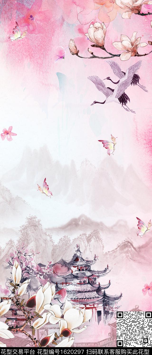 中国风玉兰花仙鹤数码印花华亿平台下载（图片编号: 1620297） - 瓦栏（Walan）