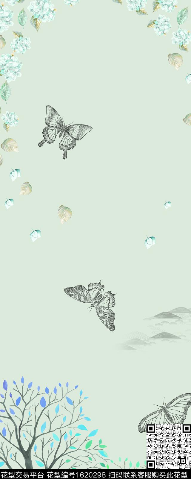 小碎花花卉蝴蝶树林数码印花华亿平台下载（图片编号: 1620298） - 瓦栏（Walan）