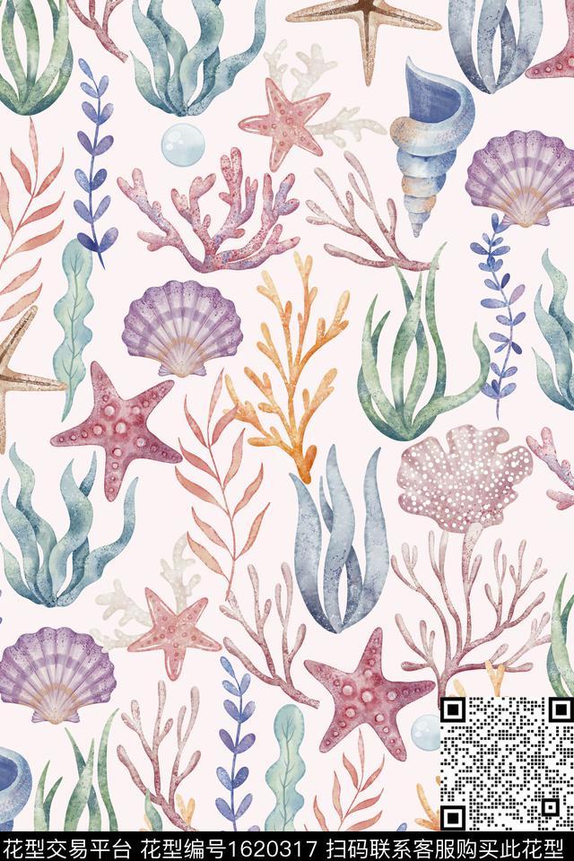 珊瑚海星贝壳数码印花华亿平台下载（图片编号: 1620317） - 瓦栏（Walan）