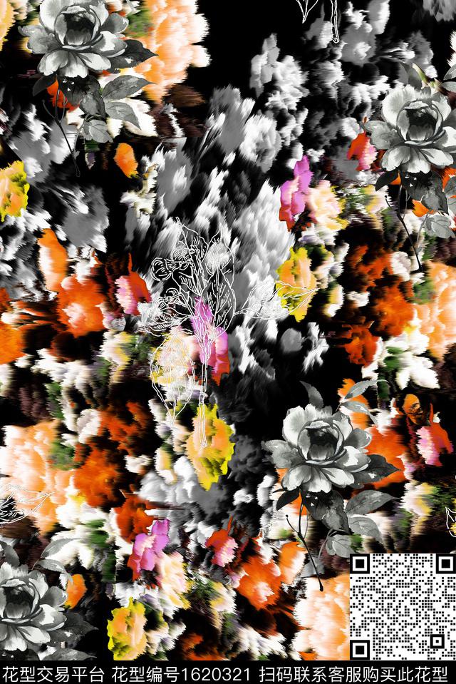 花卉黑底花卉模糊花卉数码印花华亿平台下载（图片编号: 1620321） - 瓦栏（Walan）
