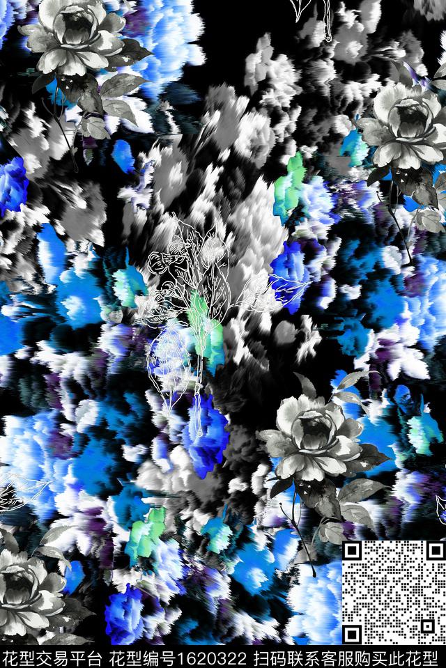 水墨风抽象线条花卉数码印花华亿平台下载（图片编号: 1620322） - 瓦栏（Walan）