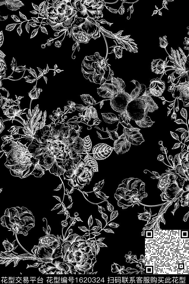 真丝花卉黑白华亿平台数码印花华亿平台下载（图片编号: 1620324） - 瓦栏（Walan）