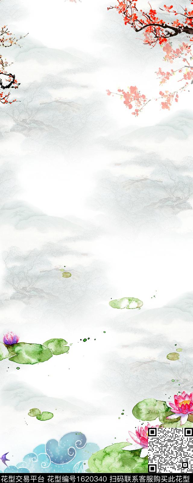 梅花荷花中国风数码印花华亿平台下载（图片编号: 1620340） - 瓦栏（Walan）