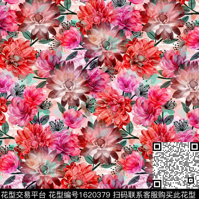 花卉满版散花炫彩数码印花华亿平台下载（图片编号: 1620379） - 瓦栏（Walan）