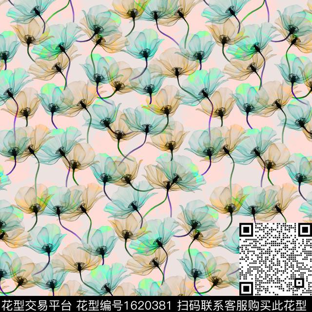 花卉透明花卉满版散花数码印花华亿平台下载（图片编号: 1620381） - 瓦栏（Walan）